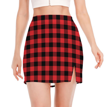 Red And Black Buffalo Check Print Side Slit Mini Skirt