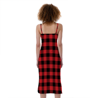 Red And Black Buffalo Check Print Slim Fit Midi Cami Dress