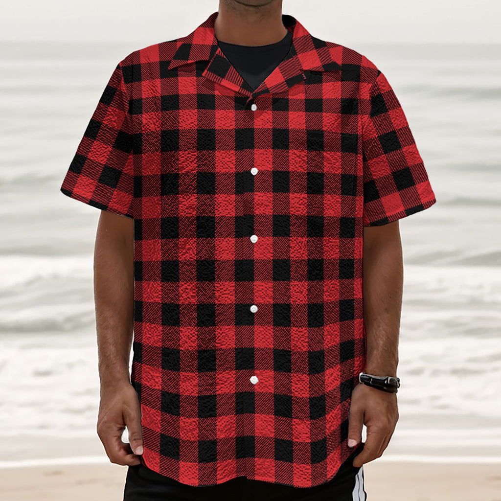 Red And Black Buffalo Check Print Textured Short Sleeve Shirt