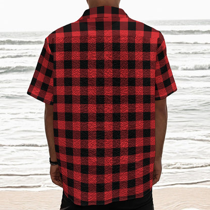 Red And Black Buffalo Check Print Textured Short Sleeve Shirt