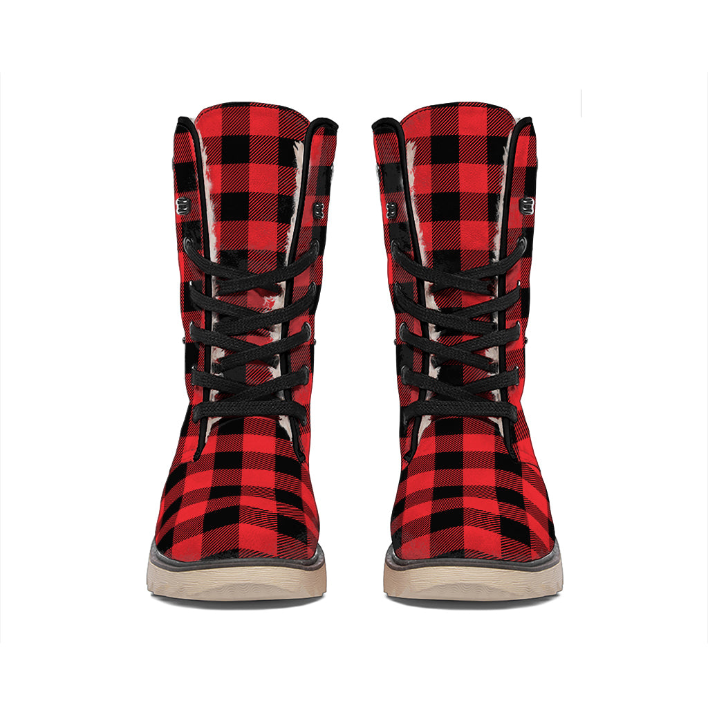Red And Black Buffalo Check Print Winter Boots