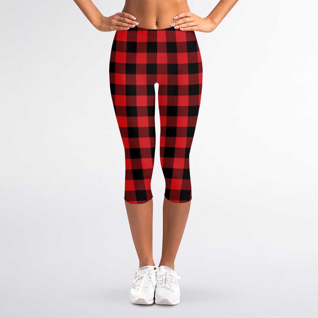 Red And Black Buffalo Check Print Women's Capri Leggings