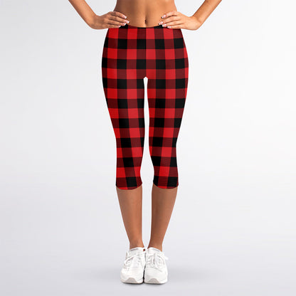 Red And Black Buffalo Check Print Women's Capri Leggings