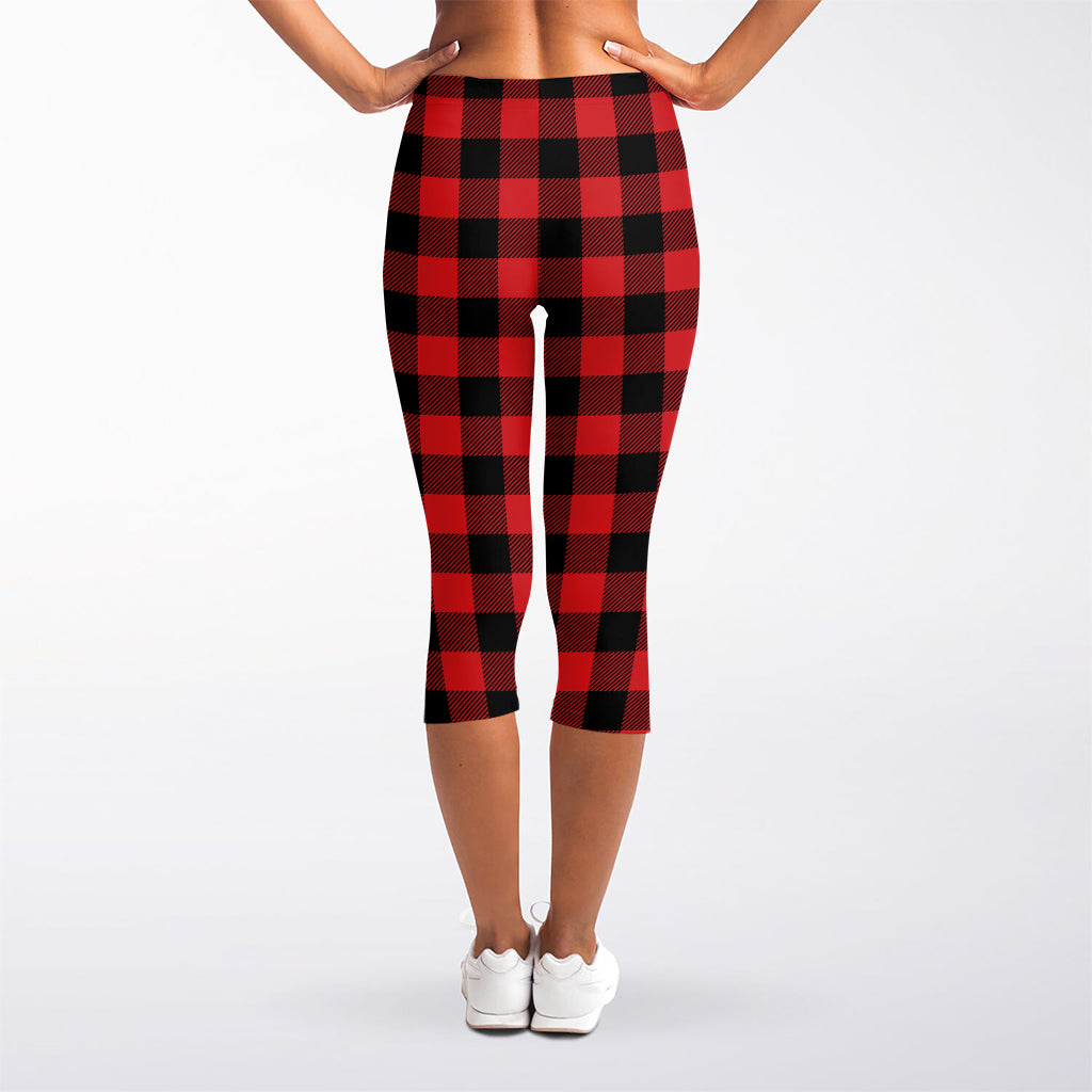 Red And Black Buffalo Check Print Women's Capri Leggings