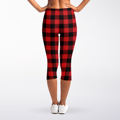Red And Black Buffalo Check Print Women's Capri Leggings