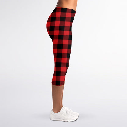 Red And Black Buffalo Check Print Women's Capri Leggings