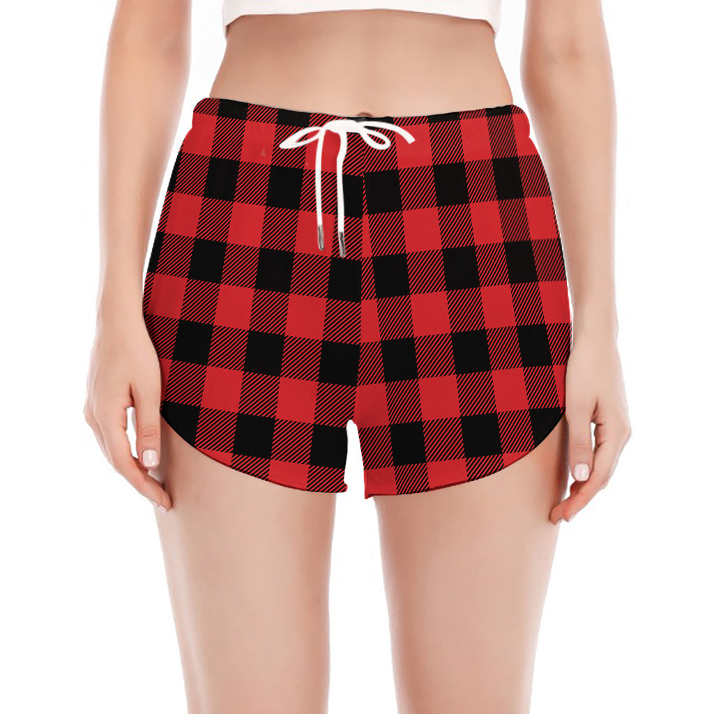 Red And Black Buffalo Check Print Women's Split Running Shorts