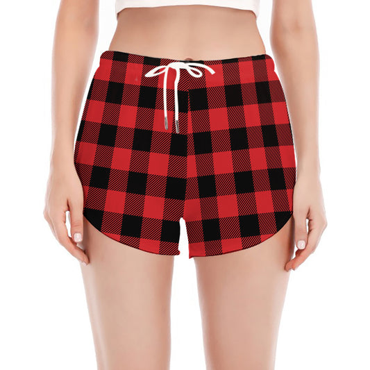 Red And Black Buffalo Check Print Women's Split Running Shorts