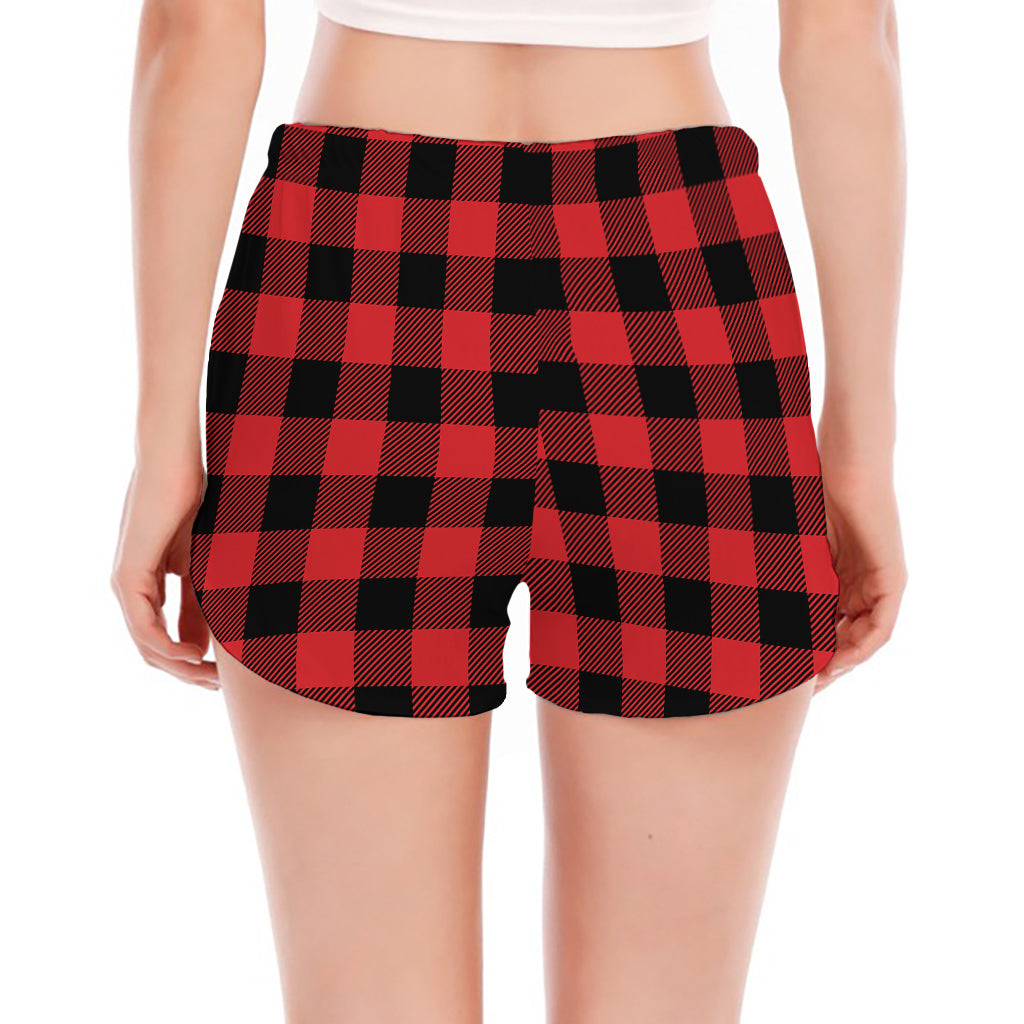 Red And Black Buffalo Check Print Women's Split Running Shorts
