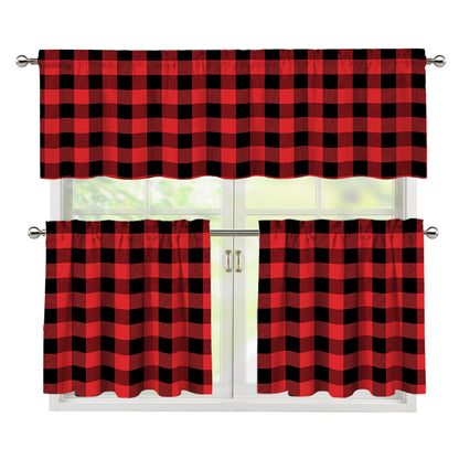 Red And Black Buffalo Plaid Print 3 Piece Kitchen Curtains