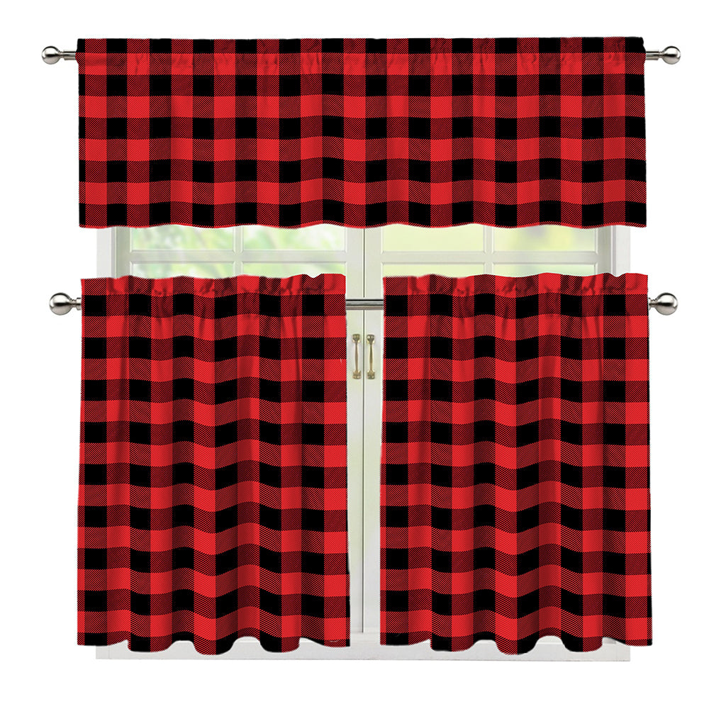 Red And Black Buffalo Plaid Print 3 Piece Kitchen Curtains