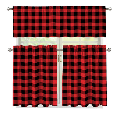 Red And Black Buffalo Plaid Print 3 Piece Kitchen Curtains