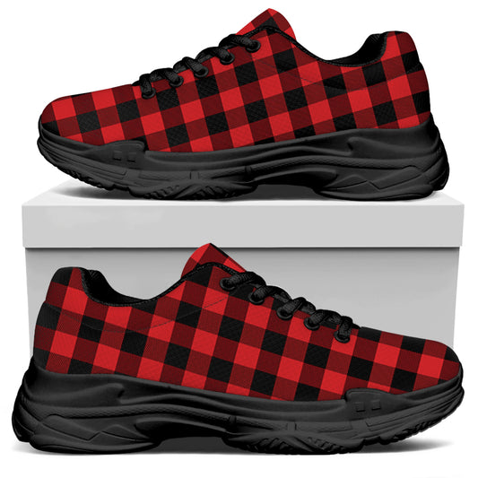 Red And Black Buffalo Plaid Print Black Chunky Shoes