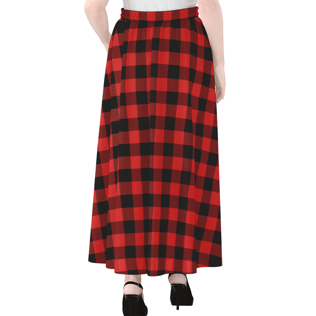Red And Black Buffalo Plaid Print Chiffon Maxi Skirt