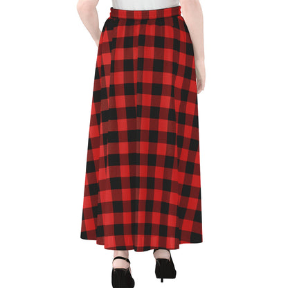 Red And Black Buffalo Plaid Print Chiffon Maxi Skirt