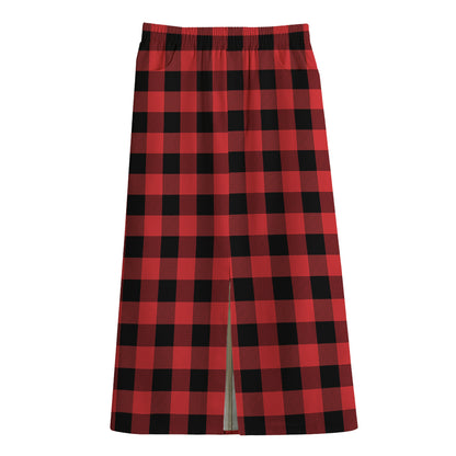 Red And Black Buffalo Plaid Print Cotton Front Slit Maxi Skirt