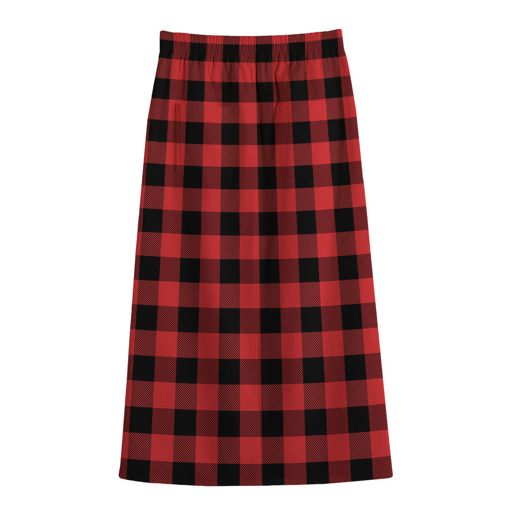 Red And Black Buffalo Plaid Print Cotton Front Slit Maxi Skirt
