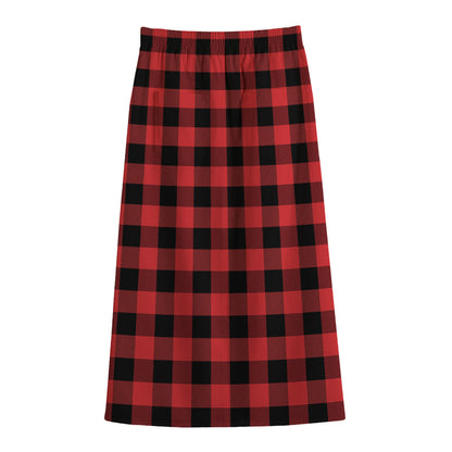 Red And Black Buffalo Plaid Print Cotton Front Slit Maxi Skirt