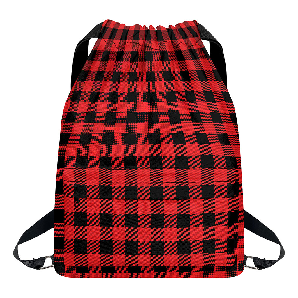 Red And Black Buffalo Plaid Print Drawstring Backpack