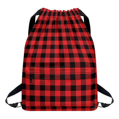 Red And Black Buffalo Plaid Print Drawstring Backpack