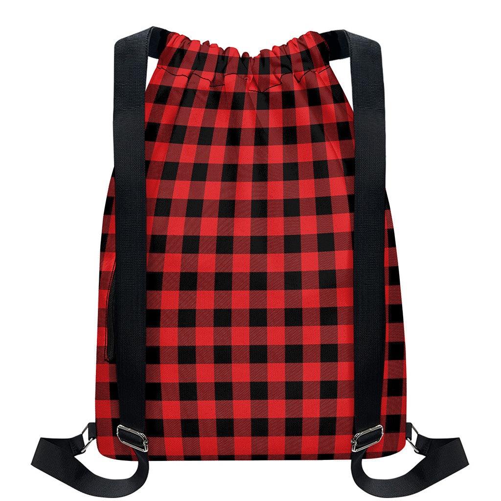 Red And Black Buffalo Plaid Print Drawstring Backpack