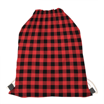 Red And Black Buffalo Plaid Print Drawstring Bag
