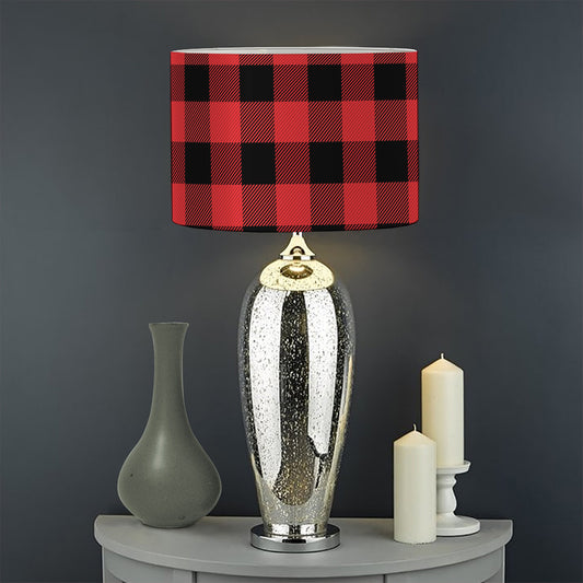 Red And Black Buffalo Plaid Print Drum Lamp Shade