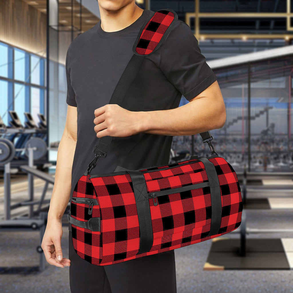 Red And Black Buffalo Plaid Print Gym Bag