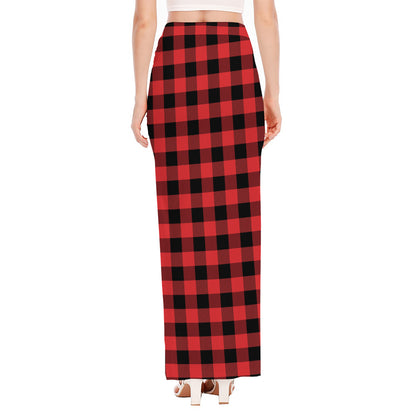 Red And Black Buffalo Plaid Print High Slit Maxi Skirt