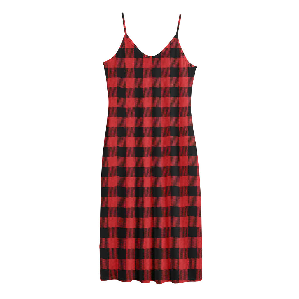 Red And Black Buffalo Plaid Print Jersey Midi Cami Dress