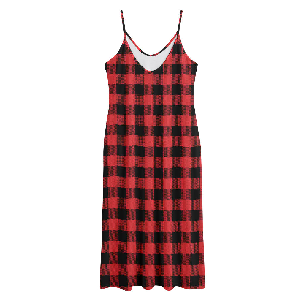 Red And Black Buffalo Plaid Print Jersey Midi Cami Dress