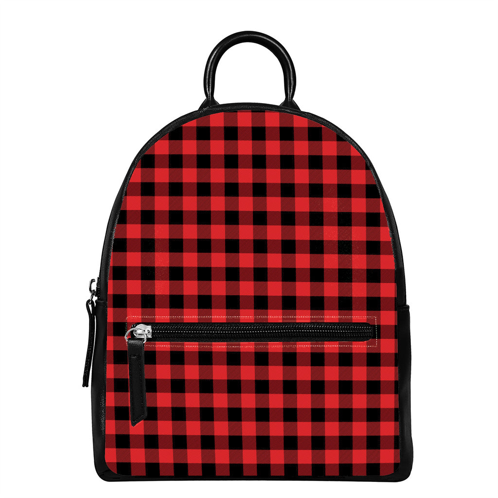 Red And Black Buffalo Plaid Print Leather Backpack