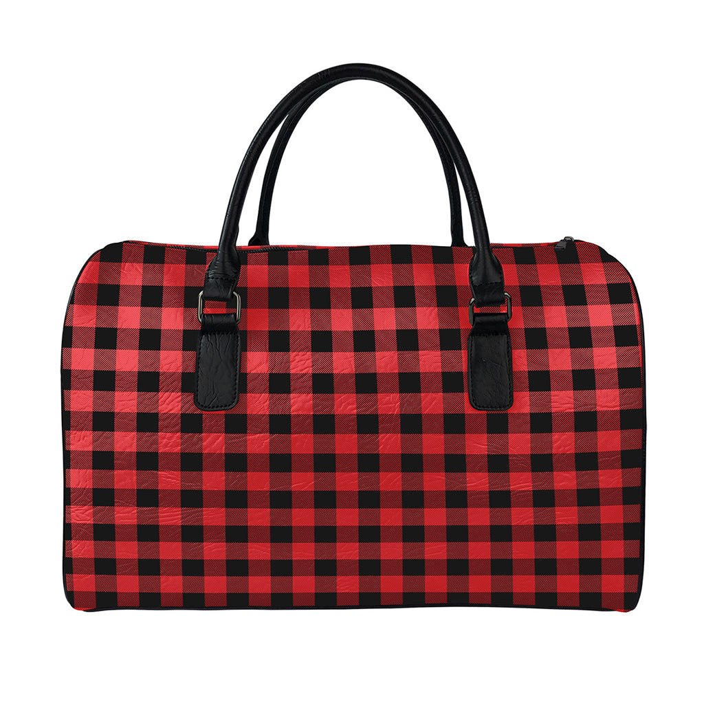 Red And Black Buffalo Plaid Print Leather Duffle Bag