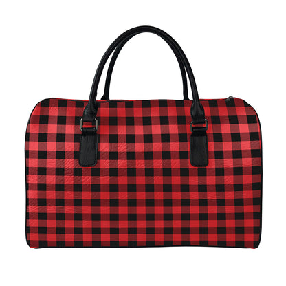 Red And Black Buffalo Plaid Print Leather Duffle Bag