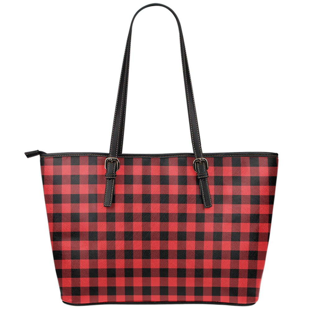 Red And Black Buffalo Plaid Print Leather Tote Bag