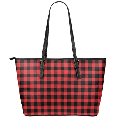 Red And Black Buffalo Plaid Print Leather Tote Bag