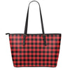 Red And Black Buffalo Plaid Print Leather Tote Bag