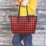 Red And Black Buffalo Plaid Print Leather Tote Bag