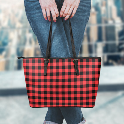 Red And Black Buffalo Plaid Print Leather Tote Bag