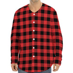 Red And Black Buffalo Plaid Print Long Sleeve Baseball Jersey
