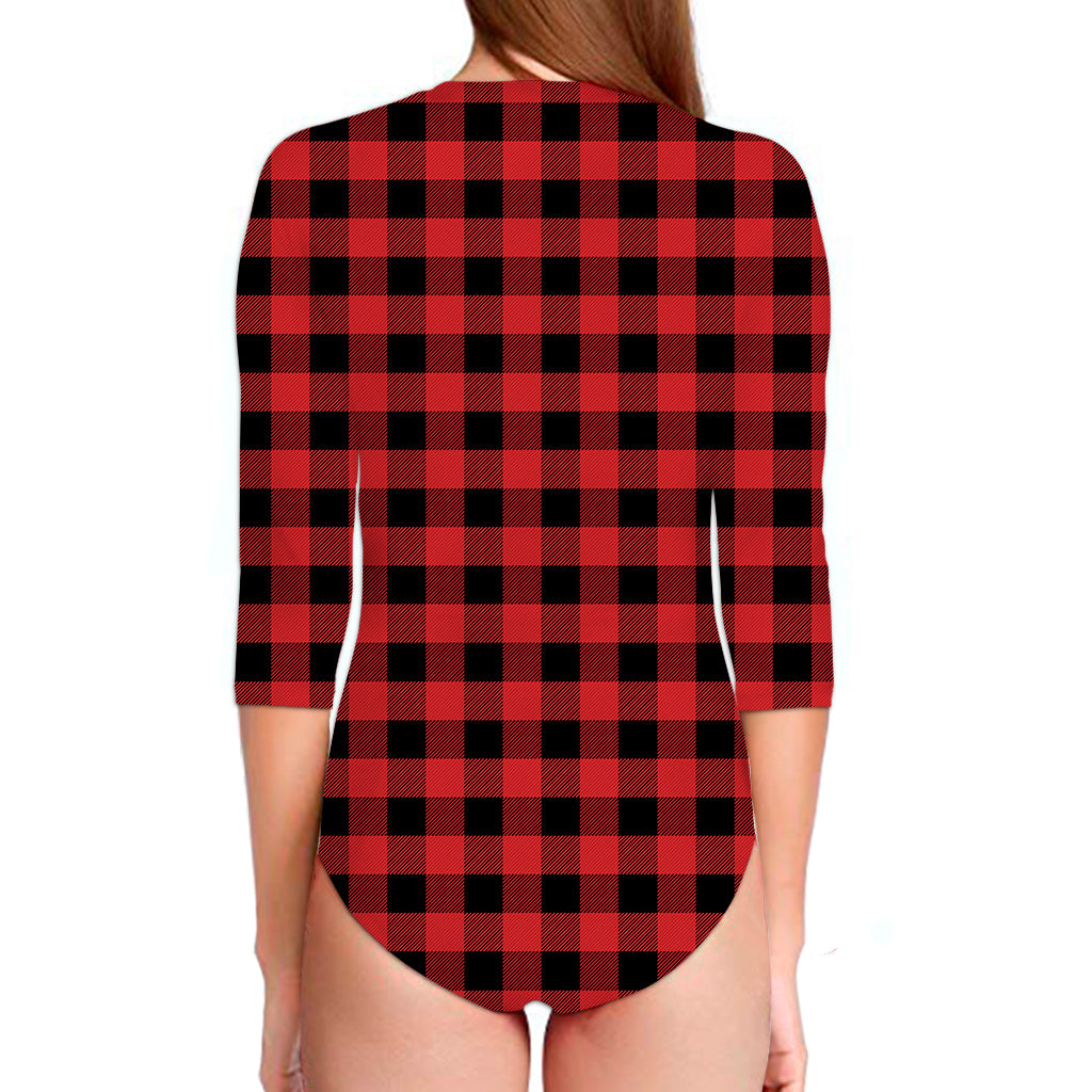 Red And Black Buffalo Plaid Print Long Sleeve Swimsuit