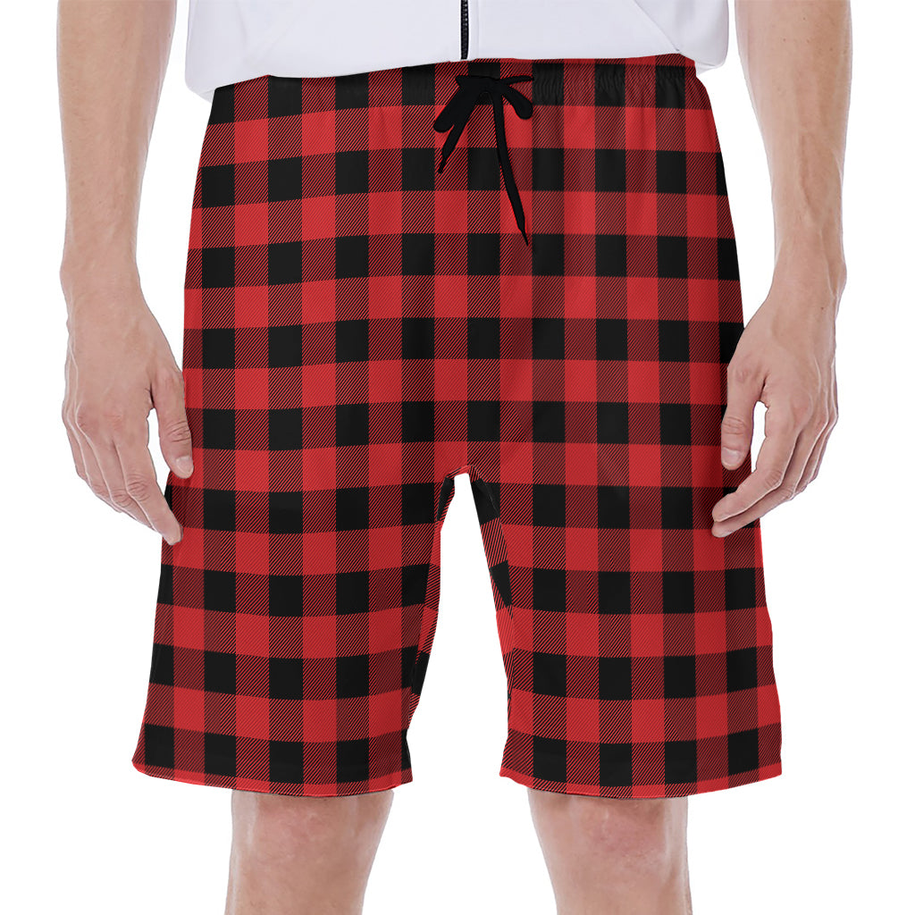 Red And Black Buffalo Plaid Print Men's Beach Shorts