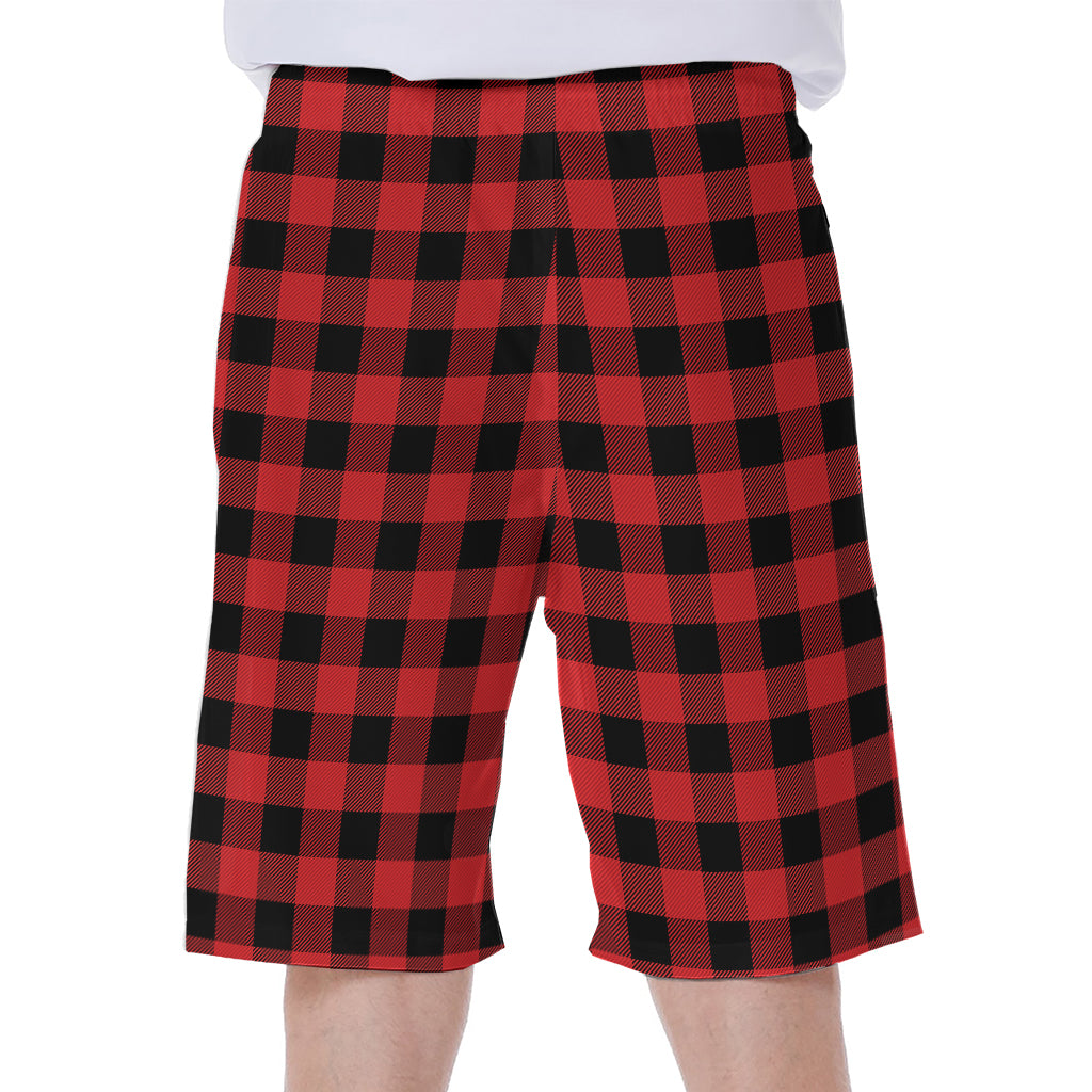 Red And Black Buffalo Plaid Print Men's Beach Shorts