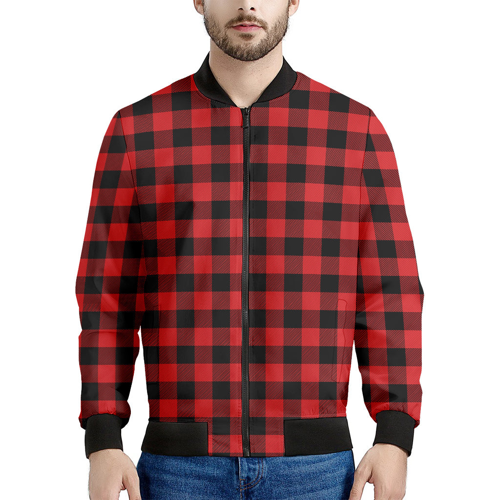 Red And Black Buffalo Plaid Print Men's Bomber Jacket