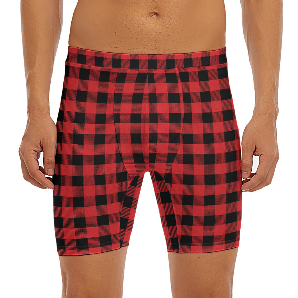 Red And Black Buffalo Plaid Print Men's Long Boxer Briefs
