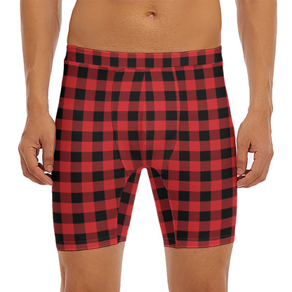 Red And Black Buffalo Plaid Print Men's Long Boxer Briefs