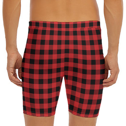 Red And Black Buffalo Plaid Print Men's Long Boxer Briefs