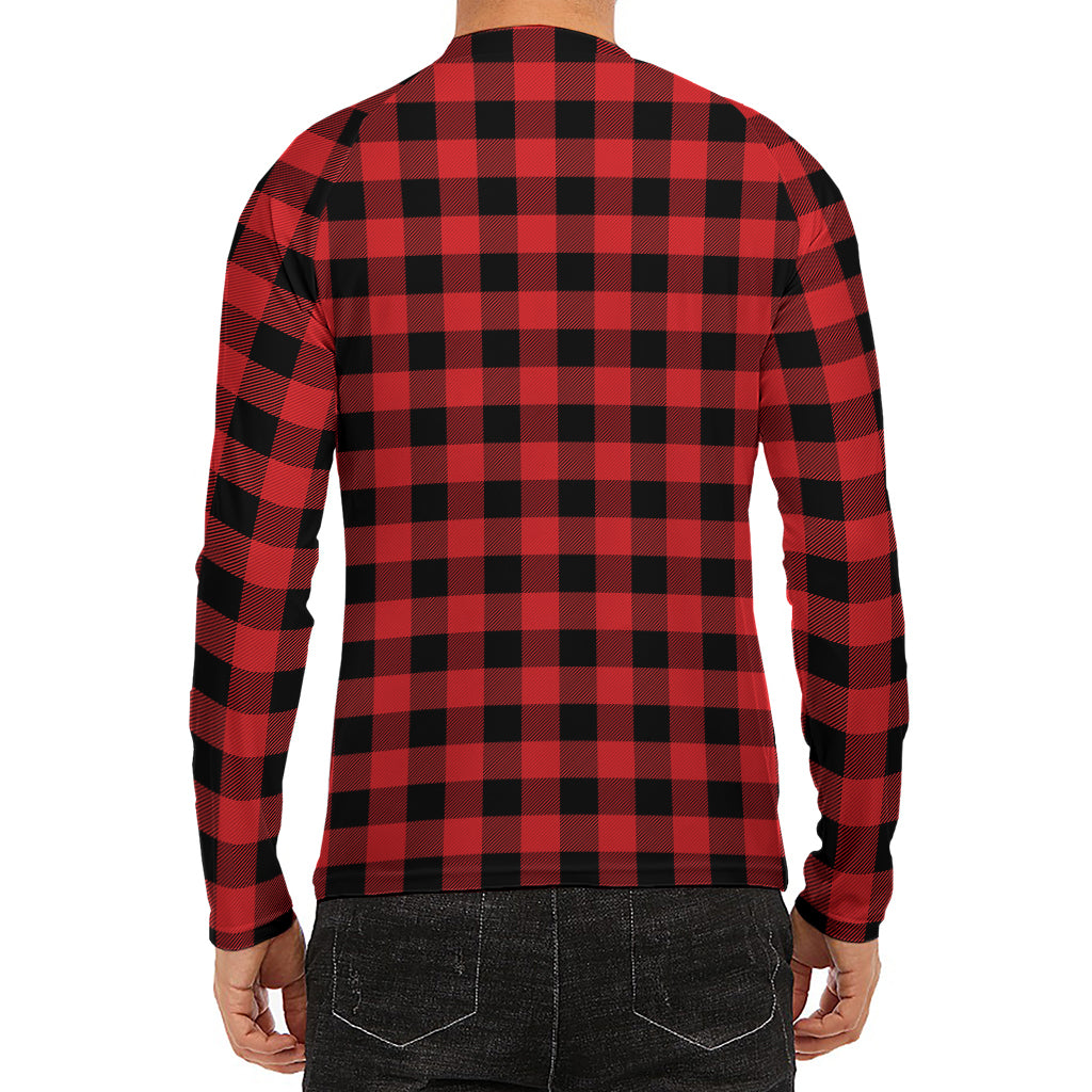 Red And Black Buffalo Plaid Print Men's Long Sleeve Rash Guard