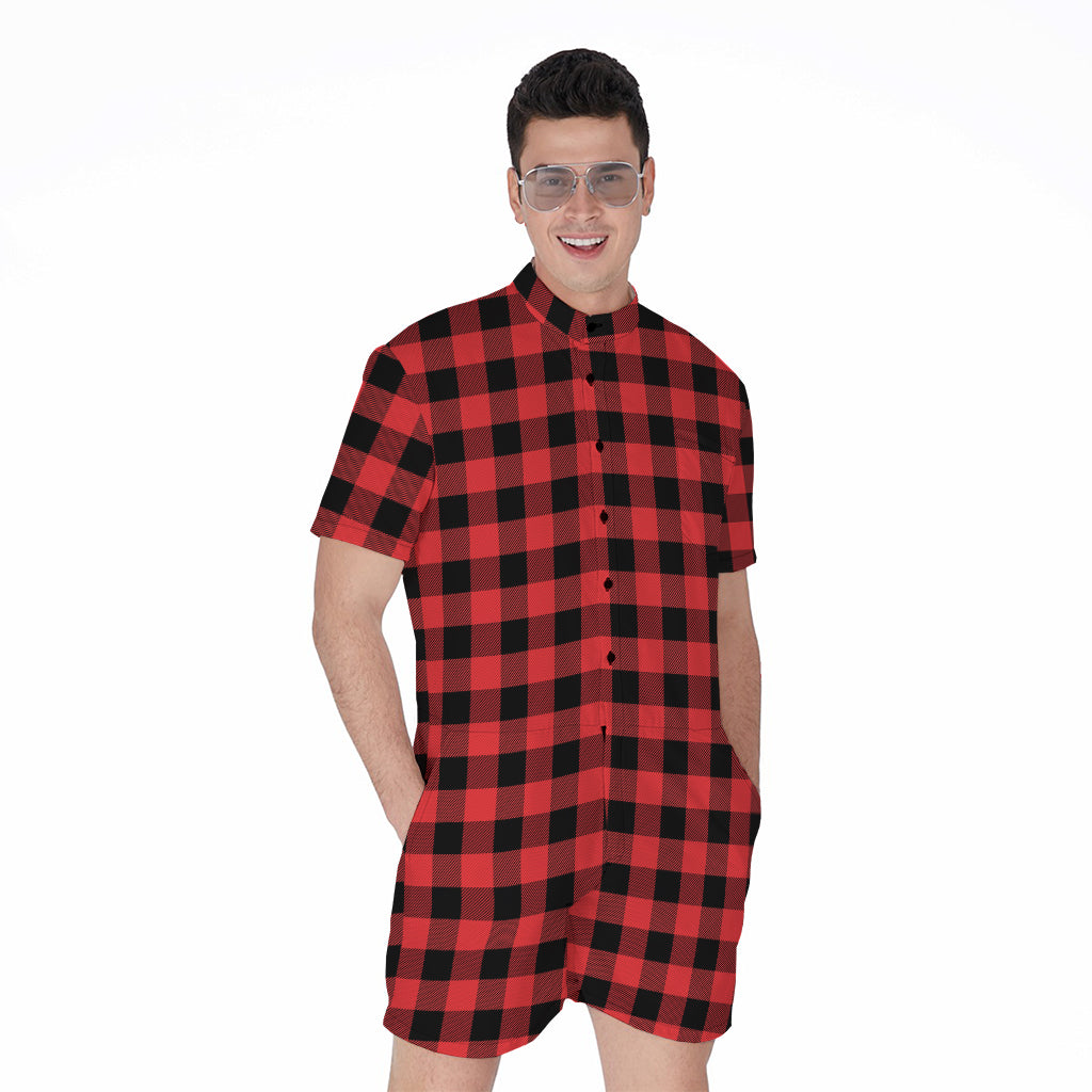 Red And Black Buffalo Plaid Print Men's Rompers