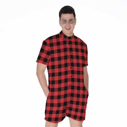 Red And Black Buffalo Plaid Print Men's Rompers